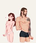  1boy 1girl abs areolae beard black_hair breasts brown_eyes brown_hair collarbone d.va_(overwatch) earrings ecila facial_mark hanzo_(overwatch) long_hair navel nipple_piercing nipples one_eye_closed overwatch panties tattoo topless underwear white_background wink 