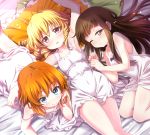  3girls armpits ayase_midori bare_arms bare_shoulders bed_sheet blonde_hair blue_bow blue_eyes blush bow brown_eyes brown_hair closed_mouth collarbone commentary_request cover cover_page dress fang fang_out frilled_pillow frills long_hair luna_child lying multiple_girls on_back on_side on_stomach one_eye_closed orange_hair parted_lips pillow red_eyes sleeveless sleeveless_dress smile star_sapphire sunny_milk touhou very_long_hair white_dress 