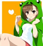  animal_costume bangs brown_eyes brown_hair closed_mouth frog_costume gekota heart highres looking_at_viewer misaka_mikoto momoiro_tanuki orange_background outside_border red_shorts shirt short_hair short_shorts shorts sitting smile solo to_aru_kagaku_no_railgun to_aru_majutsu_no_index white_shirt 