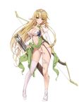  armor arrow ass_visible_through_thighs bikini_armor blonde_hair blush bow_(weapon) bracelet breasts cleavage contrapposto detached_sleeves dress dress_lift earrings elf eyebrows_visible_through_hair eyes_visible_through_hair full_body green_eyes hair_ornament head_tilt high_heels highleg highleg_panties highres hoop_earrings jewelry lace_trim large_breasts long_hair navel non-web_source original panties pelvic_curtain pointy_ears quiver side_slit single_earring single_thighhigh smile solo standing string_panties thighhighs thighlet transparent_background tsurusaki_takahiro underwear very_long_hair weapon white_legwear white_panties 