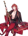  2017 abs arm_support casual dated granblue_fantasy hair_down invisible_chair jewelry male_focus navel necklace percival_(granblue_fantasy) red_hair simple_background sitting solo sword weapon white_background yuuhi_homare 