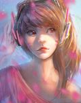  alice_catrinel asian bangs blue_background blue_sky blurry brown_eyes brown_hair casual cherry_blossoms chromatic_aberration d.va_(overwatch) depth_of_field facepaint facial_mark gradient gradient_background hand_on_headphones headphones lips long_hair looking_at_viewer looking_away outdoors overwatch parted_lips petals pink_lips pink_shirt portrait shirt sideways_glance sky solo swept_bangs v-neck watermark web_address whisker_markings 