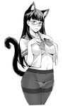  animal_ears blush breast_suppress breasts cat_ears cat_tail cowboy_shot cropped_legs crotch_seam glasses greyscale large_breasts long_hair looking_at_viewer monochrome navel open_clothes open_shirt original panties panties_under_pantyhose pantyhose school_uniform shirt simple_background solo tail takurou thighband_pantyhose underboob underwear white_background 