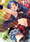  armpits black_legwear blue_hair blush breasts brown_eyes commentary_request earrings furukawa_itsuse headset highres idolmaster idolmaster_(classic) jewelry kisaragi_chihaya light_rays long_hair midriff navel outstretched_arm small_breasts smile solo thighhighs 