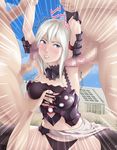 1girl aranea_highwind arm_grab armor blue_eyes blush breast_grab breasts choker clenched_teeth final_fantasy final_fantasy_xv grey_hair lips long_hair midriff navel open_mouth panties penis restrained skirt tears thighhighs thor_(deep_rising) torn_clothes 