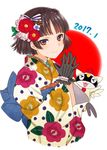  2017 bangs black_gloves black_hair blush bow braid crown_braid dated floral_print flower gloves hair_bow hair_flower hair_ornament hijiri_ruka japanese_clothes kimono long_sleeves looking_at_viewer looking_to_the_side morgana_(persona_5) niijima_makoto obi own_hands_together persona persona_5 print_kimono red_eyes sash short_hair smile striped striped_bow wide_sleeves 