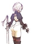  ass back back_cutout black_footwear boots check_commentary commentary commentary_request facing_away feather-trimmed_sleeves from_behind gloves hairband holding holding_sword holding_weapon juliet_sleeves katana kokutan_kitsunen leotard long_sleeves nier_(series) nier_automata no_pants puffy_sleeves short_hair simple_background skindentation solo sword tassel thighhighs thighhighs_under_boots turtleneck unfinished weapon white_background white_hair yorha_no._2_type_b 