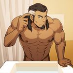  1boy abs bara bathroom epcs looking_at_viewer male_focus multicolored_hair muscle nipples sink the_legend_of_avatar the_legend_of_korra zelo-lee 