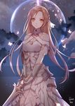  asuna_(sao) breastplate brown_eyes brown_hair bug butterfly dress floating_hair full_moon gloves hair_ornament holding holding_sword holding_weapon insect long_hair looking_at_viewer moon outdoors pointy_ears signature solo standing sword sword_art_online uuhui weapon white_dress white_gloves 