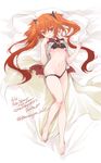  1girl bare_shoulders barefoot breasts fate/grand_order fate_(series) hair_ornament long_hair lying midriff mound_of_venus navel open_mouth panties red_eyes red_hair sita_(fate/grand_order) twintails underboob 