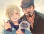  \m/ animal beard blonde_hair cat eyes_visible_through_hair facial_hair grandfather_and_grandson green_eyes grey_hair hair_over_one_eye hat hood hoodie male_focus megane_(artist) multiple_boys nikolai_plisetsky open_mouth puma_tiger_scorpion smile upper_body yuri!!!_on_ice yuri_plisetsky 