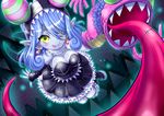  blue_hair boots breasts commentary_request digimon digimon_universe:_appli_monsters dress earrings fingerless_gloves gloves gothic_lolita grey_skin hand_puppet jewelry kangakuraku12 lolita_fashion mienumon puppet tongue tongue_out yellow_eyes 