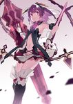  boots breasts floating_swords gloves gradient gradient_background hand_on_sword kai-ri-sei_million_arthur knee_boots looking_to_the_side midriff million_arthur_(series) pharsalia purple_hair red_eyes short_hair small_breasts smile usalxlusa 