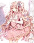  belt blonde_hair cowboy_shot cup dress feathered_wings hair_ornament holding holding_cup long_hair neck_ribbon one_side_up original pink_dress pink_ribbon ribbon smile solo standing teacup uuhui very_long_hair white_wings wings yellow_eyes 