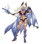  absurdres bellmarine breasts cape dark_skin end_ride_x_fragments full_body full_body_tattoo high_heels high_ponytail highres holding holding_staff large_breasts long_hair navel short_shorts short_sleeves shorts simple_background solo staff tattoo white_background white_hair yellow_eyes 