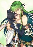  1girl breasts c.c. cleavage code_geass creayus detached_sleeves dress earrings eyebrows_visible_through_hair garter_straps green_hair hand_on_another's_head holding_hands interlocked_fingers jewelry large_breasts lelouch_lamperouge long_hair smile strapless strapless_dress yellow_eyes 