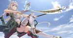  armpits ass asymmetrical_hair boots braid breasts cloud day flight_deck kantai_collection large_breasts lightning_bolt long_hair looking_at_viewer magic navel parted_lips pleated_skirt rigging rokuwata_tomoe skirt sky solo staff thighs turret unryuu_(kantai_collection) very_long_hair white_footwear white_hair yellow_eyes 