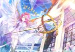  ahoge angel_wings cloud commentary_request day dragon dress flower highres holding holding_staff long_hair looking_at_viewer multiple_girls negimapurinn original outdoors pantyhose pink_eyes pink_hair sky staff standing white_dress white_legwear white_wings wings 