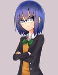  &gt;:( bad_id bad_pixiv_id blue_eyes blue_hair ciel crossed_arms frown glasses grey_background looking_at_viewer mei_mu over-rim_eyewear school_uniform semi-rimless_eyewear solo tsukihime v-shaped_eyebrows 