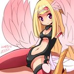  1girl blonde_hair blush breasts dated duel_monster female harpie_girl harpy leotard long_hair looking_at_viewer monster_girl no_bra sitting smile wings 