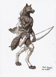  anthro black_fur bow_(weapon) canine clothing digitigrade fur loincloth male mammal mostly_nude ranged_weapon scott_ruggels solo traditional_media_(artwork) weapon wolf 
