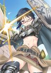  action armor ass_visible_through_thighs belt black_hair breastplate cape commentary_request cross cross_necklace crusader day glasses jewelry knight midriff navel necklace one_eye_closed outdoors paladin_(ragnarok_online) ragnarok_online scabbard semi-rimless_eyewear sheath shield shimotsuki_iko short_hair solo speed_lines sword swordman_(ragnarok_online) thighhighs under-rim_eyewear weapon wince zettai_ryouiki 