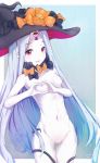  1girl abigail_williams_(fate/grand_order) areolae black_bow black_hat bow breasts dated eyebrows eyebrows_visible_through_hair eyes_visible_through_hair fate/grand_order fate_(series) glowing glowing_eye hat heart heart-shaped_boob_challenge heart_hands highres kalun_(fwme3378) key keyhole long_hair navel nipples nude orange_bow pale_skin pink_eyes signature small_breasts smile solo third_eye 