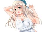  apron arm_behind_head arm_up armpits atago_(kantai_collection) bangs beret blonde_hair blush breasts cleavage collarbone commentary_request green_eyes hair_between_eyes hat hifumi_kei highres kantai_collection large_breasts long_hair looking_at_viewer naked_apron solo suggestive_fluid upper_body white_background 
