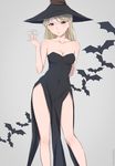  bare_shoulders bat blonde_hair breasts cleavage glasses grey_background halloween hat highres kawai_miki koe_no_katachi medium_breasts miura-n315 side_slit smile solo thighs twitter_username witch witch_hat 