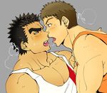  2boys akihiro_altland bara blush drooling gundam gundam_tekketsu_no_orphans kiss male_focus multiple_boys open_mouth saliva sweat tongue tongue_out yaoi 