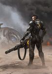  ammunition_belt brown_hair dust earpiece fire from_behind gatling_gun gun highres holding holding_gun holding_weapon looking_to_the_side male_focus original power_suit profile puz_lee shell_casing smoke solo standing weapon 