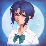  bangs blue_eyes blue_hair bow bowtie buttons character_name ciel collarbone full_moon green_bow hair_between_eyes highres lips looking_at_viewer miura-n315 moon neck shirt short_hair sidelocks solo tsukihime upper_body white_shirt 