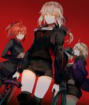  3girls artoria_pendragon_(all) blonde_hair casual command_spell dark_excalibur dress edmond_dantes_(fate/grand_order) fate/grand_order fate_(series) formal fujimaru_ritsuka_(female) fur_trim hair_ribbon hand_on_hip hat jacket jeanne_d'arc_(alter)_(fate) jeanne_d'arc_(fate)_(all) jewelry long_hair multiple_girls necklace orange_hair ponytail ribbon saber_alter short_dress short_hair short_shorts shorts suit sword thighhighs weapon weed_(astarone) white_hair wicked_dragon_witch_ver._shinjuku_1999 yellow_eyes 