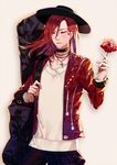  alternate_costume fate/grand_order fate_(series) flower grey_background half-closed_eyes hat instrument_case jacket jewelry long_hair male_focus necklace pokemon_(creature) red_eyes red_hair rose shei99 simple_background solo tristan_(fate/grand_order) upper_body 