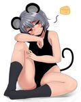  :&gt; alternate_costume animal_ears bangs black_leotard blush breasts cheese colorized food full_body grey_hair grey_legwear hair_between_eyes half-closed_eyes head_tilt highres hips knee_up leotard looking_to_the_side mouse_ears mouse_tail nazrin oozon_(ozon) outline red_eyes short_hair simple_background sitting small_breasts socks solo tail thighs touhou white_background 
