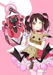  black_hair blush choker crossover long_hair love_live!_school_idol_project mimikyu pokemon red_eyes smile tapu_lele twintails wink yazawa_nico 