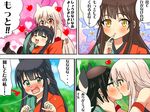  2girls black_hair blush chiya_(urara_meirochou) hair_ornament hair_ribbon karuta_(karuta01) kiss multiple_girls red_eyes ribbon saliva saliva_trail tatsumi_kon translation_request urara_meirochou white_hair yellow_eyes yuri 