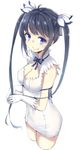  black_hair blue_eyes blue_ribbon breasts cleavage cleavage_cutout covered_navel dungeon_ni_deai_wo_motomeru_no_wa_machigatteiru_darou_ka eyebrows_visible_through_hair gloves hair_ribbon hestia_(danmachi) jekyll862 long_hair looking_at_viewer medium_breasts rei_no_himo ribbon simple_background smile solo twintails white_background white_gloves 