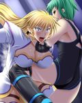  2girls ass bare_shoulders beauty_ichigaya blonde_hair blue_eyes blush breasts breath center_opening cleavage digdug006 drill_hair elbow_pads female green_hair knee_pads kotobuki_zero large_breasts leotard long_hair multiple_girls open_mouth ryona short_hair shoulder_pads sweat thigh_boots thighhighs thong_leotard tongue tongue_out violence wrestle_angels wrestle_angels_survivor wrestle_angels_survivor_2 wrestling wrestling_outfit yellow_eyes 