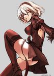  2017 ass backless_outfit bare_back blindfold dated dress hairband high_heels highres kuronuko_neero medium_hair mole mole_under_mouth nier_(series) nier_automata parted_lips puffy_sleeves silver_hair sketch solo thighhighs yorha_no._2_type_b 
