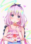  bangs bare_shoulders beads black_ribbon blue_eyes blunt_bangs blush closed_mouth eyebrows_visible_through_hair food frilled_swimsuit frills hair_beads hair_ornament hairband half-closed_eyes heart heart-shaped_pupils highres ice_cream kanna_kamui kobayashi-san_chi_no_maidragon lavender_hair long_hair looking_at_viewer low_twintails milktower ribbon simple_background solo spoon swimsuit symbol-shaped_pupils twintails upper_body white_background 