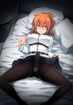  ahoge ass_visible_through_thighs bangs bed bed_sheet belt belt_buckle black_panties black_skirt blush breasts buckle command_spell crotch_seam cushion erection erection_under_clothes eyebrows_visible_through_hair eyes_visible_through_hair fate/grand_order fate_(series) fujimaru_ritsuka_(female) futanari grin hair_between_eyes hand_tattoo ikeshita_moyuko indoors knees_apart_feet_together large_breasts lifted_by_self long_sleeves looking_at_viewer lying miniskirt nose_blush on_back on_bed panties panties_under_pantyhose pantyhose parted_lips penis pleated_skirt red_hair short_hair side_ponytail skirt skirt_lift smile smirk solo spread_legs table tattoo thighband_pantyhose tsurime underbust underwear yellow_eyes 