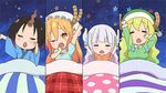  4girls animated animated_gif bed breasts elma_(maidragon) horns kanna_kamui kobayashi-san_chi_no_maidragon multiple_girls quetzalcoatl_(maidragon) sleepy tooru_(maidragon) 