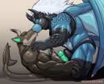  2018 alakayne_(maxor50) anthro anthro_on_anthro blue_scales bovine bulge bulge_frottage butt clothed clothing dragon duo erection eyes_closed fish garuganto gradient_background grey_background hair hand_on_shoulder hi_res horn hybrid kissing male male/male mammal marine muscular muscular_male primodrago rubber scales shark side_view simple_background white_hair wings 