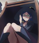  blue_hair boots clenched_teeth closed_eyes dress glasses haruyama_kazunori hat knee_boots knees_together_feet_apart little_witch_academia panties pantyshot pantyshot_(sitting) short_dress sitting teeth under_table underwear ursula_charistes witch_hat 