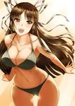  alternate_costume arms_at_sides ass_visible_through_thighs bangs bikini blunt_bangs breasts brown_eyes brown_hair cleavage collarbone grey_bikini hair_ribbon hiyou_(kantai_collection) kantai_collection large_breasts leaning_forward long_hair makumaxu navel open_mouth parted_bangs ribbon skindentation smile solo stomach swimsuit thighs white_ribbon 