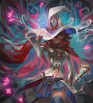  belt blue_skirt breasts cape cleavage covering_one_eye hat highres little_witch_academia medium_breasts navel pleated_skirt red_eyes red_hair shiny_chariot shiny_rod short_hair skirt smile solo thighhighs visqi wide_sleeves witch witch_hat 