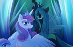  2017 aged_up blue_eyes blue_hair changeling duo equine eyelashes feathered_wings feathers female feral flurry_heart_(mlp) friendship_is_magic frown glare green_eyes hair horn insect_wings long_hair looking_at_viewer mammal momomistress multicolored_hair my_little_pony queen_chrysalis_(mlp) spread_wings two_tone_hair winged_unicorn wings 