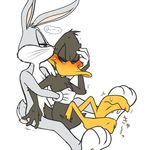  anthro avian bird blush bugs_bunny clothing daffy_duck duck eyes_closed feathers fur gloves hair kissing lagomorph looney_tunes male male/male mammal rabbit shaking simple_background sitting sound_effects sweat tears torso_grab trembling warner_brothers whiskers zehn 