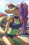  anthro breasts clothed clothing collar crocodile crocodilian dreadlocks female kuroame looking_at_viewer outside reptile scalie sitting solo 
